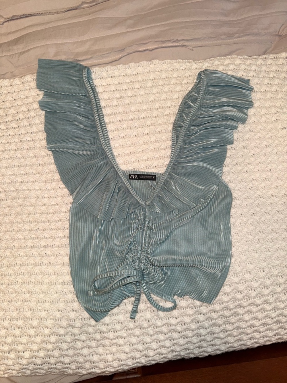 Zara Teal Ruffle V-Neck Cropped Tie-Front Top